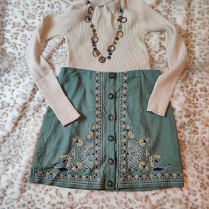 Francesca's Blue Rain Boho Embroidered Button Up Skirt Size Medium